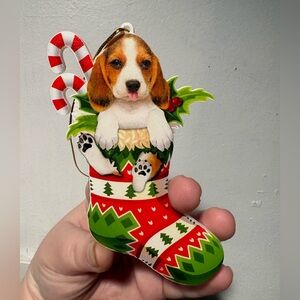 Double sided beagle in a stocking acrylic Christmas ornament!